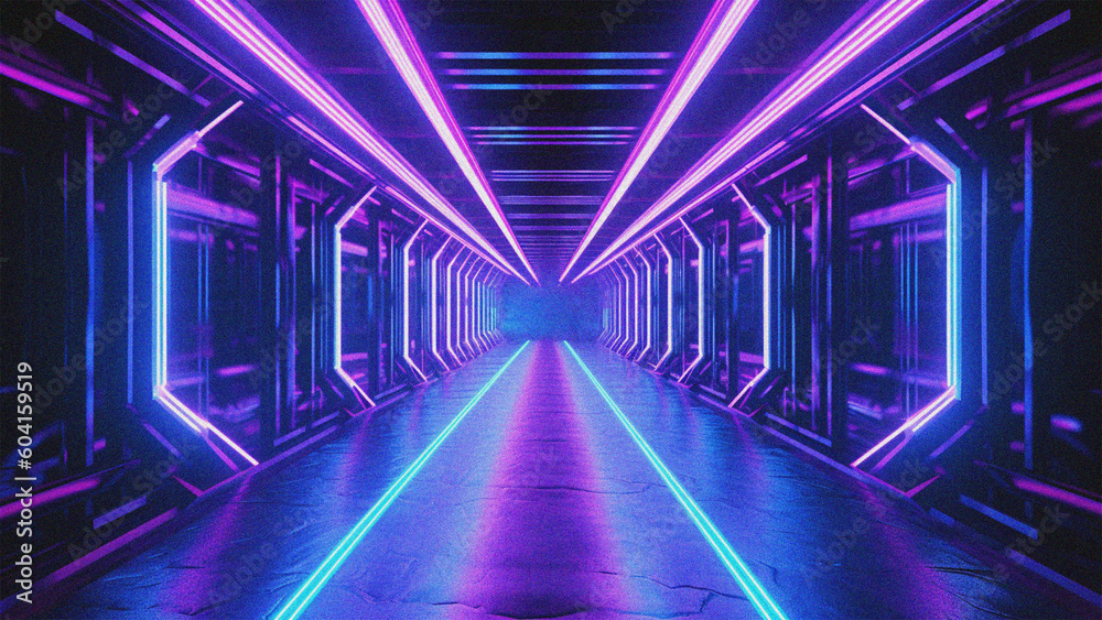 Futuristic tunnel, corridor neon lights background, great for a cosmic with noise background design 4K