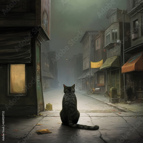 A black cat sitting in the middle of a foggy street.