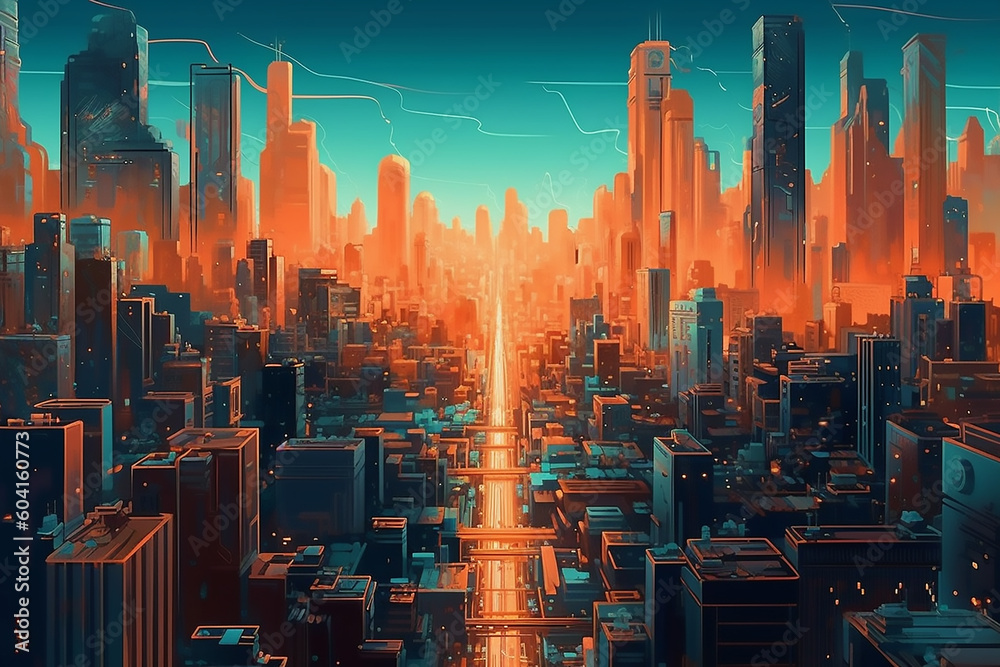Obraz premium New York golden hour cyberpunk cityscape, printable.