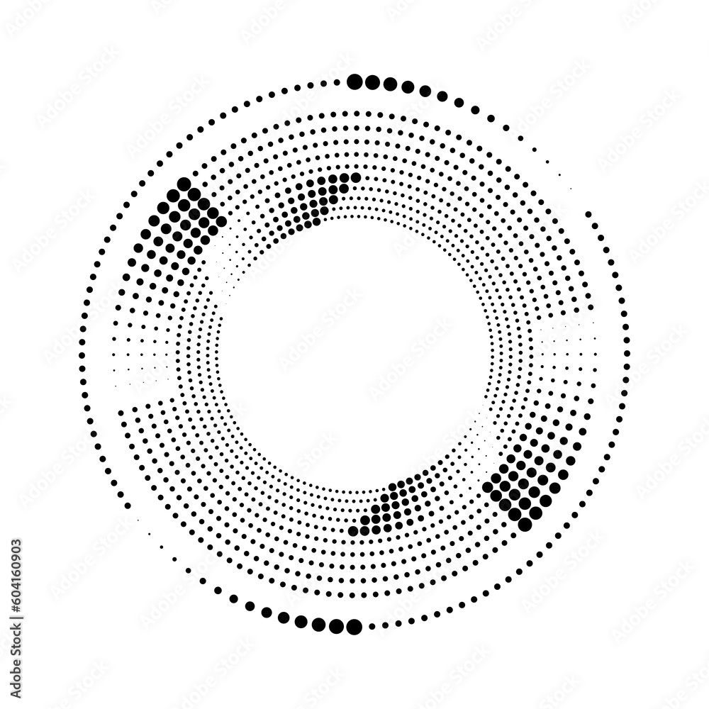 Black halftone dotted lines in round form. Geometric art. Design element for border frame, round logo, tattoo, sign, symbol, badge, emblem, social media, print, template, pattern, backdrop