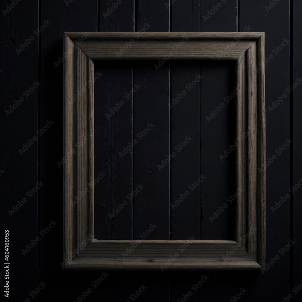 Wooden frame on a wall with a black wooden background Wooden frame on a wall with a black wooden background