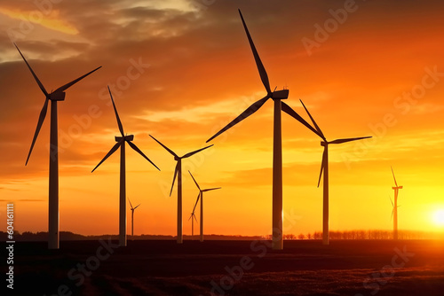 Wind turbines at sunset golden hour