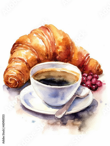 cup of coffee and croissant watercolor