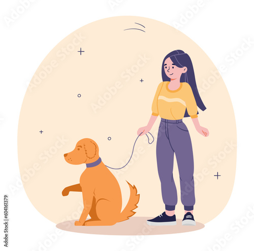 Girl walks with dog. Teenager with pet at leash on street. Housework and routine. Child on walk with domestic animal. Happy pet owner outdoor. Cartoon flat vector illustration
