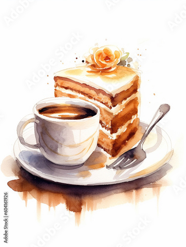 Coffee Espresso and and caramel chocolat cake watercolor ai generative 
