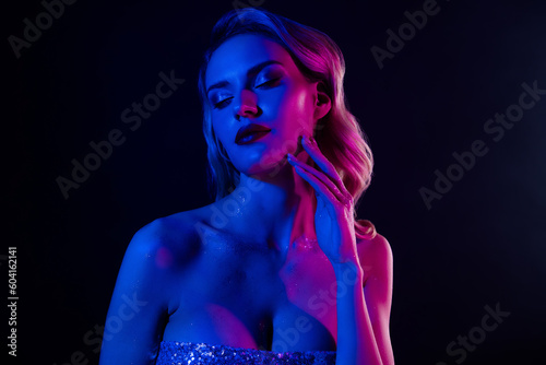 Photo of lady in high fashion outfit touch skin on fluorescent glowing background enjoy night disco party