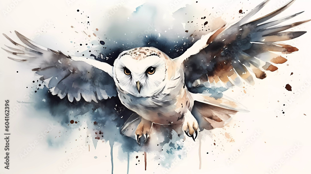 Obraz premium Hedwig White Owl Aquarell Hand Painted Fan Animal Gift Magical Harry Potter AI Generated