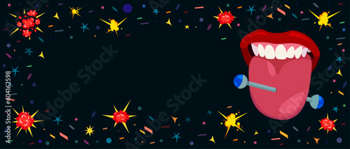 Lips with smile and protruding tongue with piercing, vector comic illustration. Comic image, trendy modern illustration for poster. Vector banner with a bright image of female lips