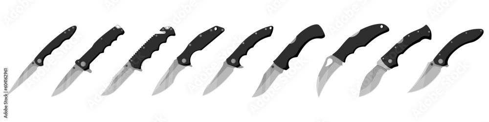 Obraz premium Jackknife knife. Set of folding knives isolated on white background. Vector illustration.