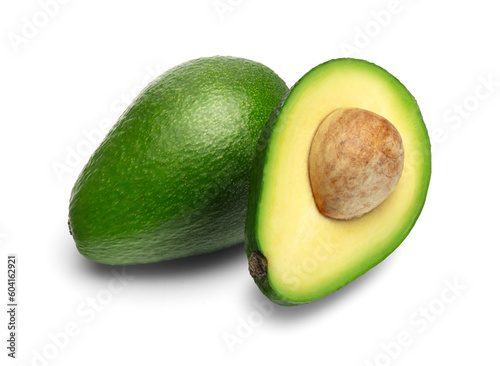 Beautiful perfect fresh green avocado isolated on white background. Avocado whole and half on a white background
