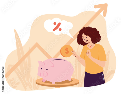 Woman with investment. Young girl with gold coin in her hand stands near piggy bank and graph. Financial literacy and passive income. Successful investor or trader. Cartoon flat vector illustration