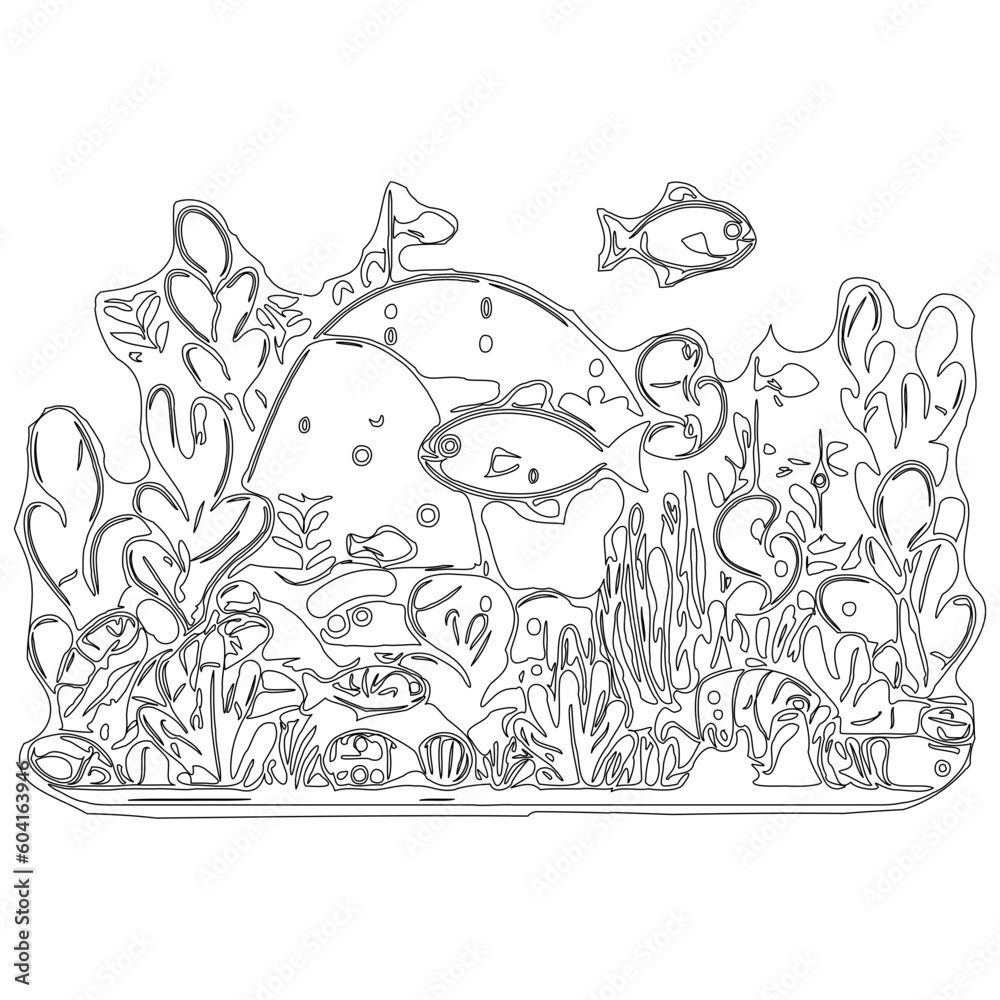 fish and coral, line art illustration.