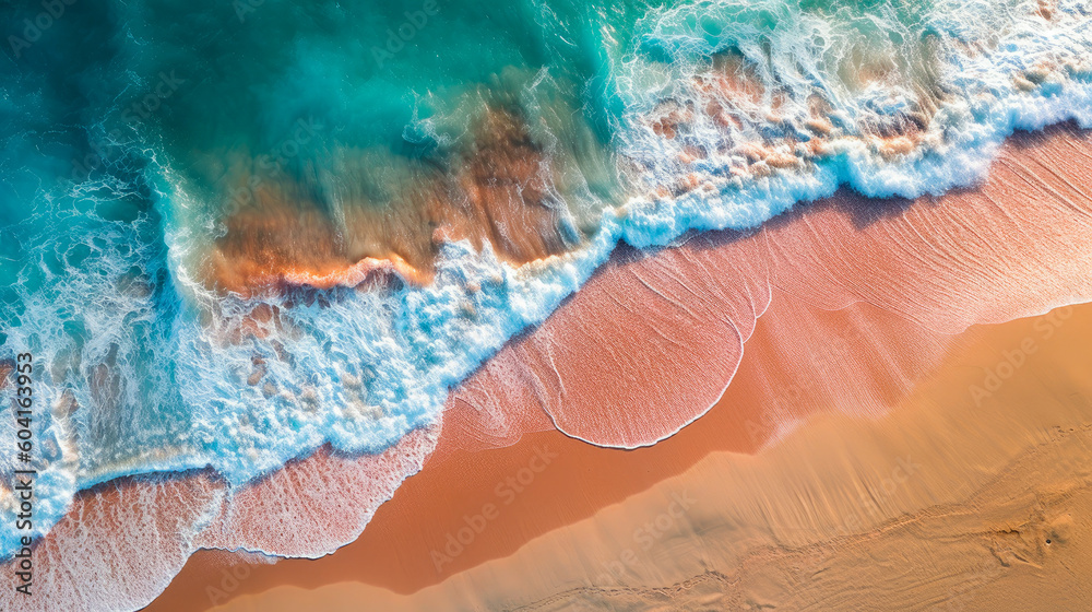Beach with waves aerial photo, generative ai