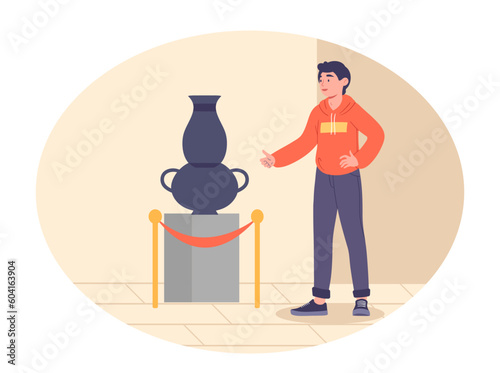 Man in art gallery. Young guy stands near pedestal with black ceramic vase. Character in museum at exhibition looking at fossils and relics, ancient pottery. Cartoon flat vector illustration