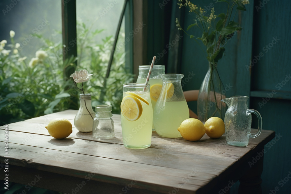 Glasses of homemade lemonade on wooden table. AI generated image. Glasses of homemade lemonade on wooden table. AI generated image.