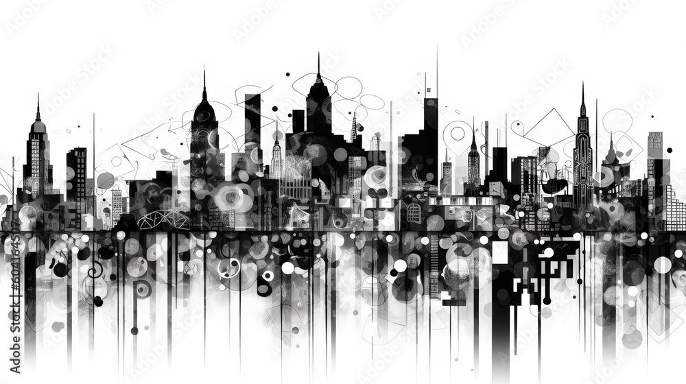 白黒の街の風景イラスト,Generative AI AI画像