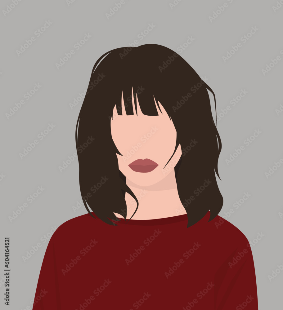 Illustration of a girl with dark hair in a bright sweater. Girl with medium long hair and bangs. Design for avatars, posters, backgrounds, templates, banners, textiles, postcards. Illustration of a girl with dark hair in a bright sweater. Girl with medium long hair and bangs. Design for avatars, posters, backgrounds, templates, banners, textiles, postcards.