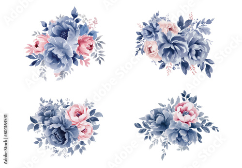 Watercolor navy blue and pink flowers set, vintage vector flowers collection.