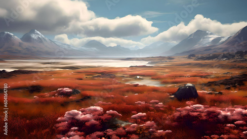wide plain landscape with mountains in the background illustration - generative ai