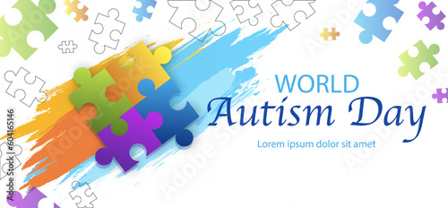 Autism awareness banner. International holiday April 2. Text with puzzles and colorful spots at background. Disease and syndrom, disability and mental disorder. Cartoon flat vector illustration