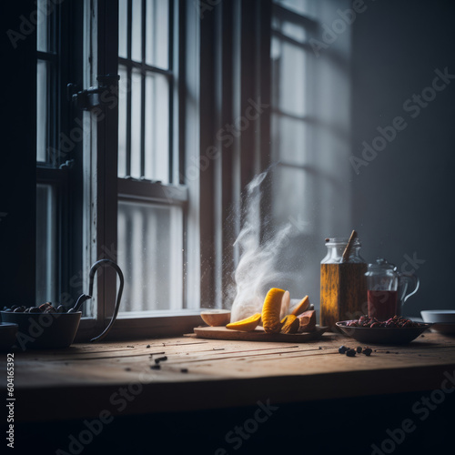 Wooden table on blurred kitchen window background
