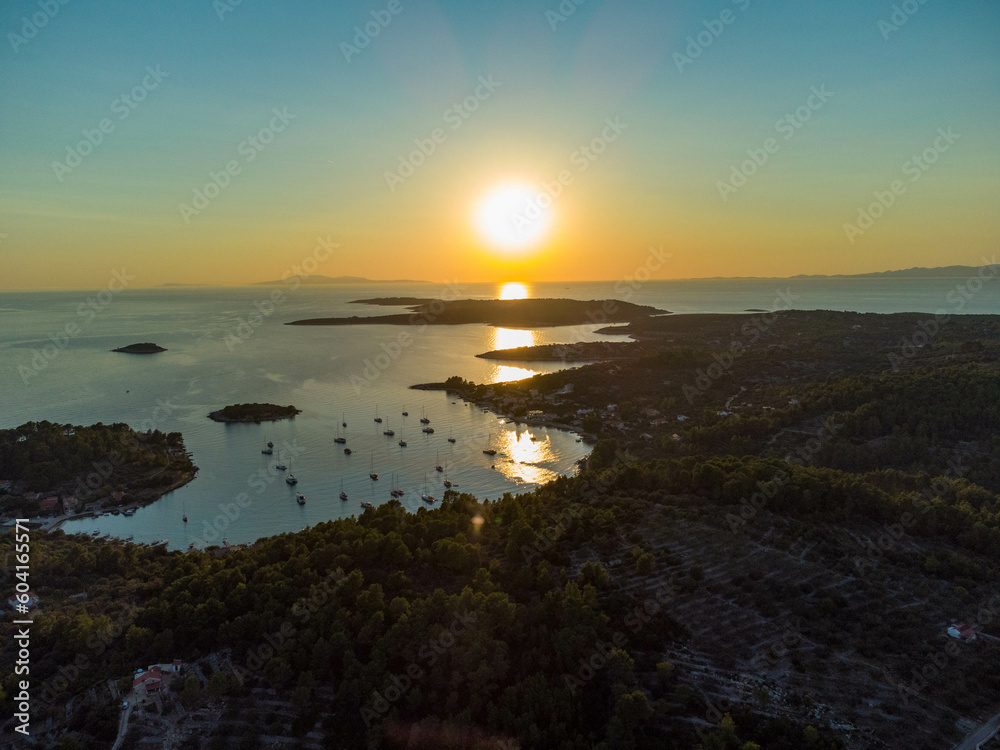 Island Korcula from above in southern Croatia during sunset