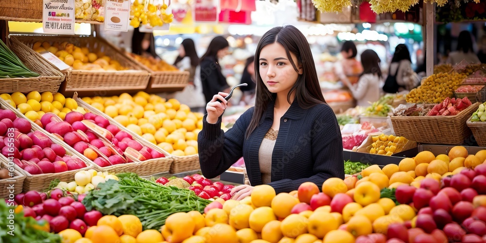 Beautiful asian young woman buying fresh vegetables at city center farmer's local market. Flower and food from rooftop garden. Concept shopping, small business, sustainable production. Generative AI