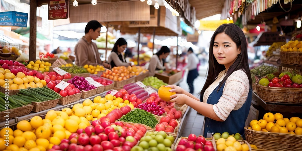 Beautiful asian young woman buying fresh vegetables at city center farmer's local market. Flower and food from rooftop garden. Concept shopping, small business, sustainable production. Generative AI