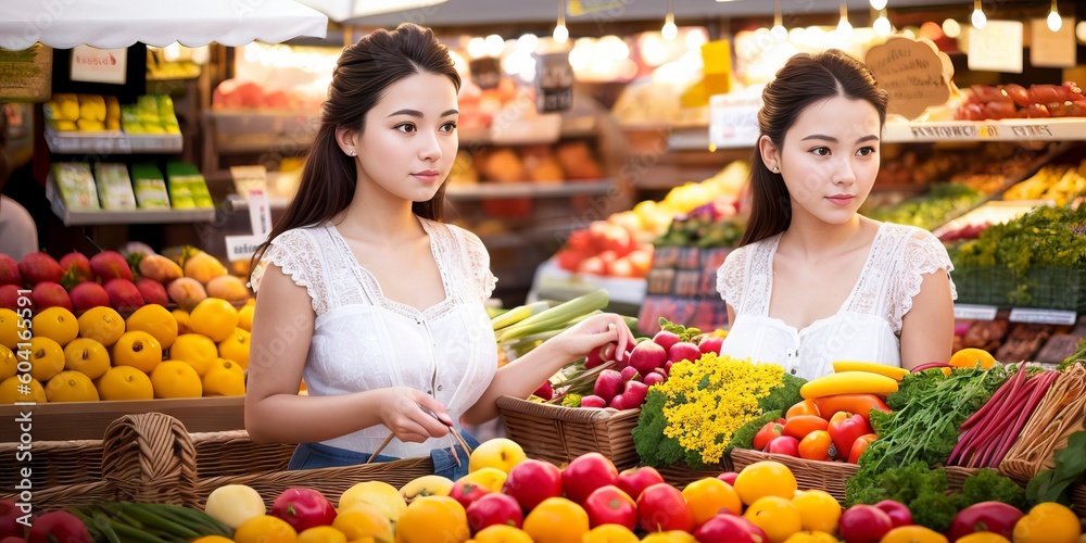 Young beautiful asian woman outdoor in the city selling fruits and vegetables at local food market. Market stall with variety of organic vegetable. Generative AI