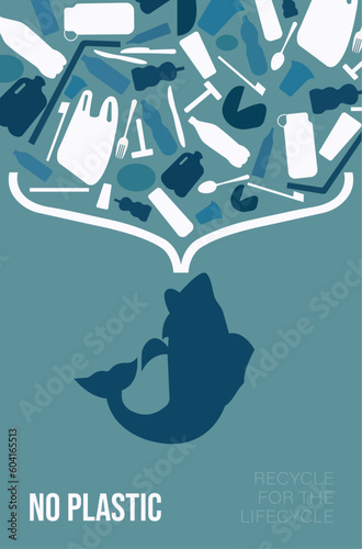 Stop ocean plastic pollution. Ecological poster. Whale composed of white plastic waste bag, bottle, Ocean plastic pollution, Polluted sea water with bottles, dead fishes, vector illustration
