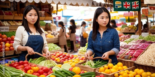 Young asian woman with reusable bag doing shopping in plastic free store. Minimalist vegan style girl buying groceries without plastic packaging in zero waste shop. Low waste lifestyle. Generative AI