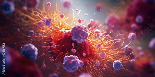 3d illustration of cancer cells. Cancer disease concept. Many cancer tumors.  Generative AI