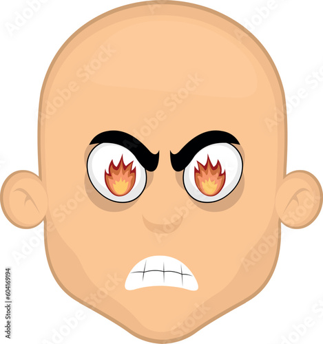 vector illustration face bald man cartoon angry with flames of fire in his eyes
