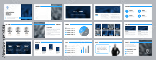Corporate presentation template with blue logo and minimal style slides design. Premium vector mock up.