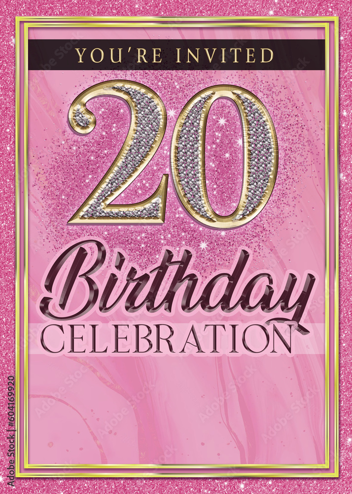20th Pink and Gold Birthday Celebration Invitation Template Design