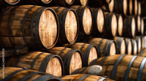 Fotografiet Close-up of a stack of whisky Barrels. Generative AI