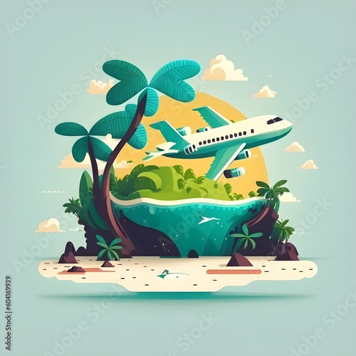 summer Travel and tour agency vector logo design, Vector island trendy and modern for travel symbol. Plane flying over the waves and tropical island. Vector illustration - generative ai
