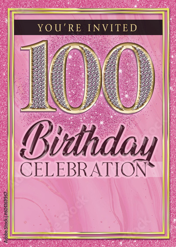 100th Pink and Gold Birthday Celebration Invitation Template Design