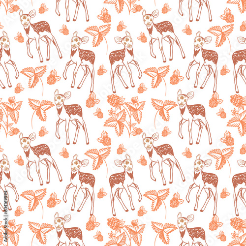 Deer and berries. Forest theme illustration. Vector seamless pattern for baby textiles, wrapping paper, greeting cards, wallpapers and covers.
