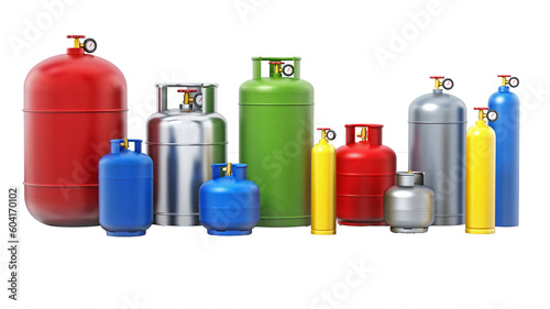 Multi-colored gas cylinders isolated on transparent background. 3D illustration