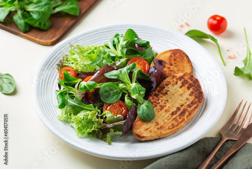 Healthy lunch, vegan Plant based chicken fillet steak with salad