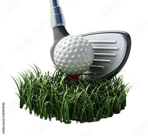 Green grass, golf club and ball isolated on transparent background. 3D illustration