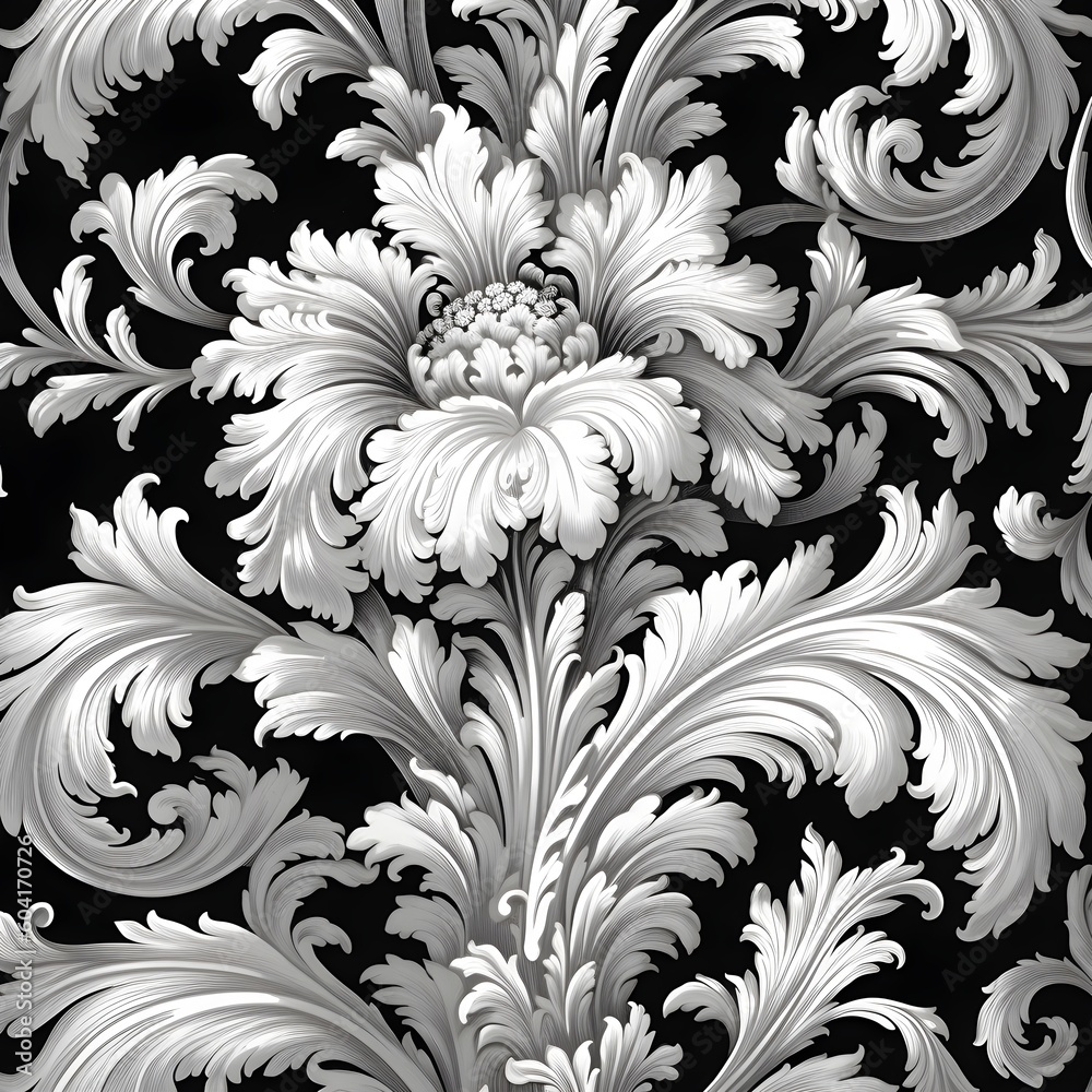 Design Pattern: Damask. Elaborate floral design in silver and black on a dark gray background.