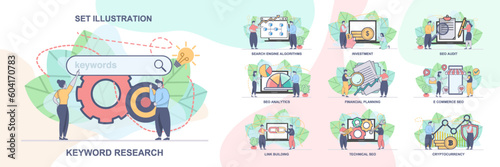Set of web page design templates for SEO business, SEO Analytics. Technical SEO, SEO Audit web page composition with people characters. Modern vector illustration concepts