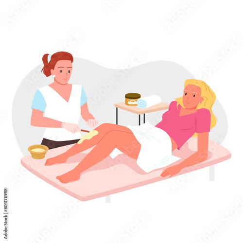 Hair removal, legs epilation procedure vector illustration. Cartoon beauty salon employee in gloves applying sugar or wax with spatula on skin of female client, process of sugaring or waxing