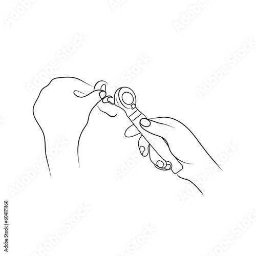 Doctor checking ears with otoscope. Medical examination. Line art vector illustration.