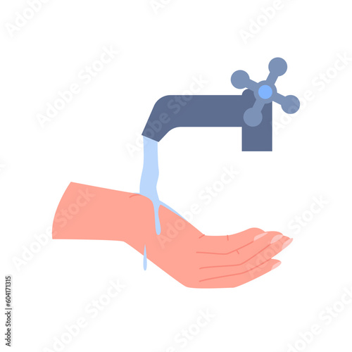 Wash hands vector illustration. Cartoon isolated arm under flowing water with splashes from tap, person cleaning hand in bathroom, sanitary personal protection from bacterias and healthy habit