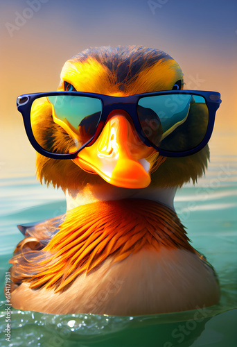 duck in sunglasses on blue water background. AI Generative
