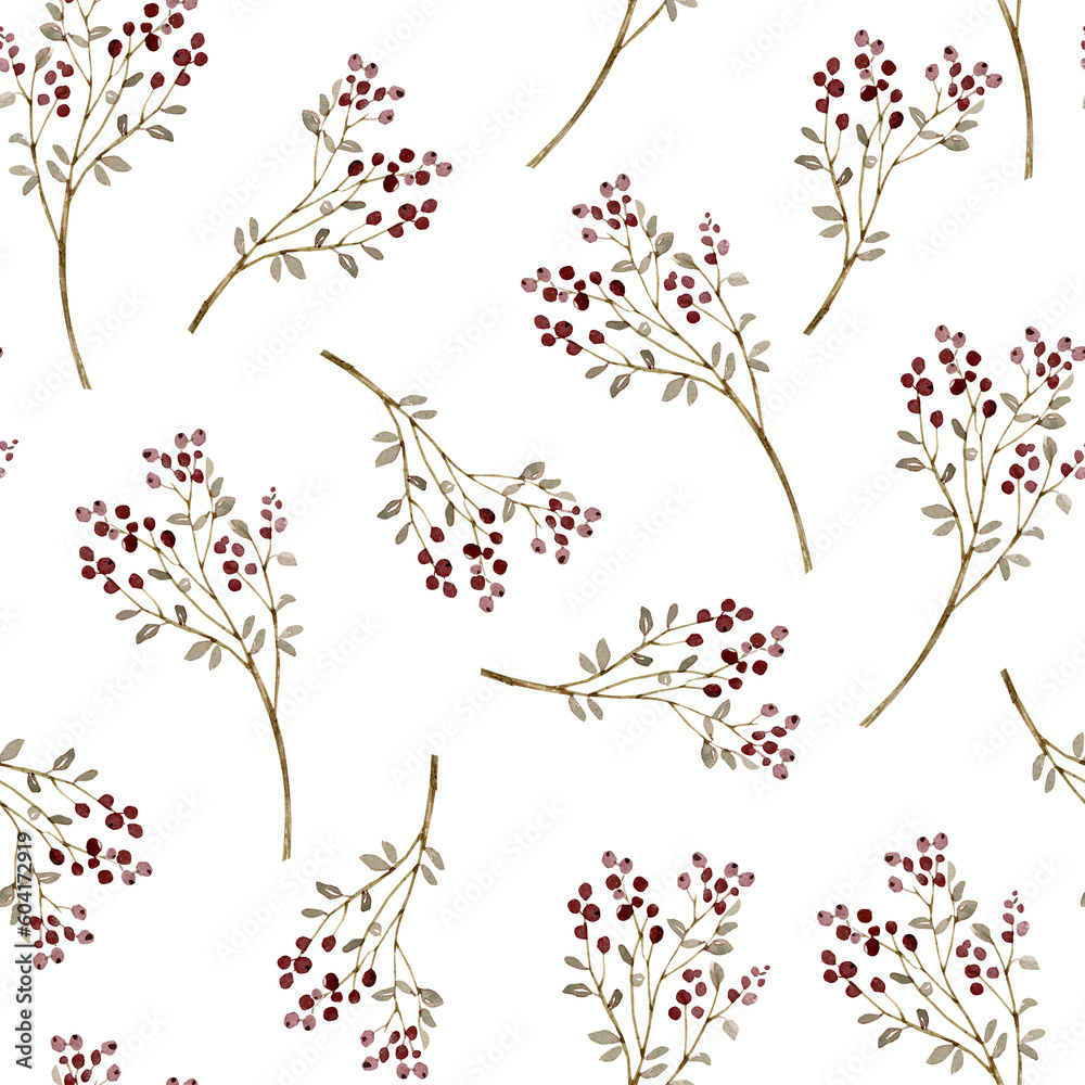 Seamless pattern with delicate sprigs of plants with berries watercolor illustration, hand painted .