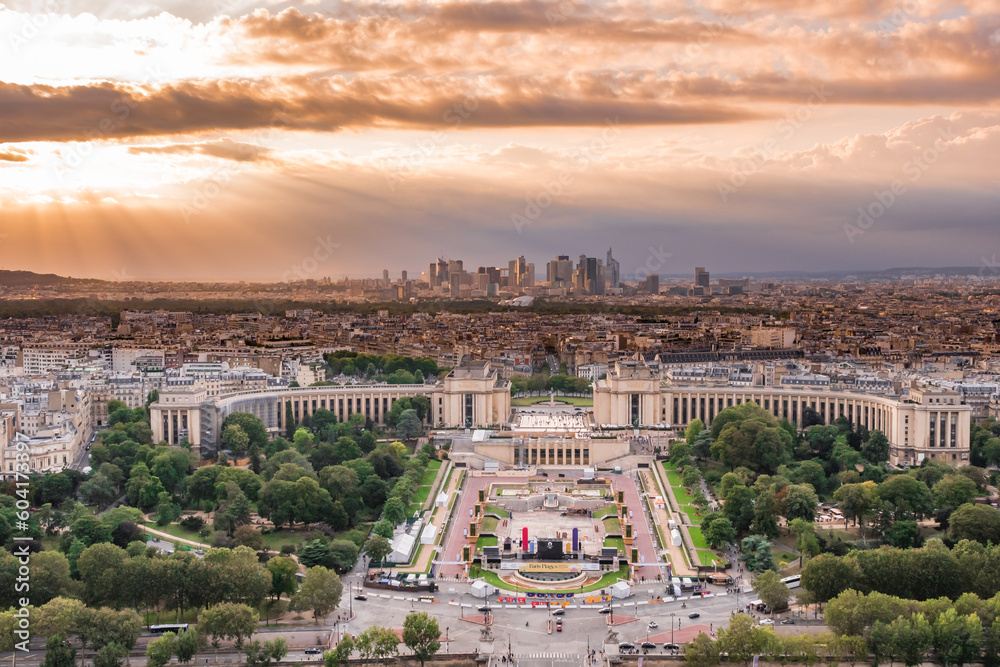 Panoramic view of the La Défense district and the Trocadero in Paris from the heights at sunset